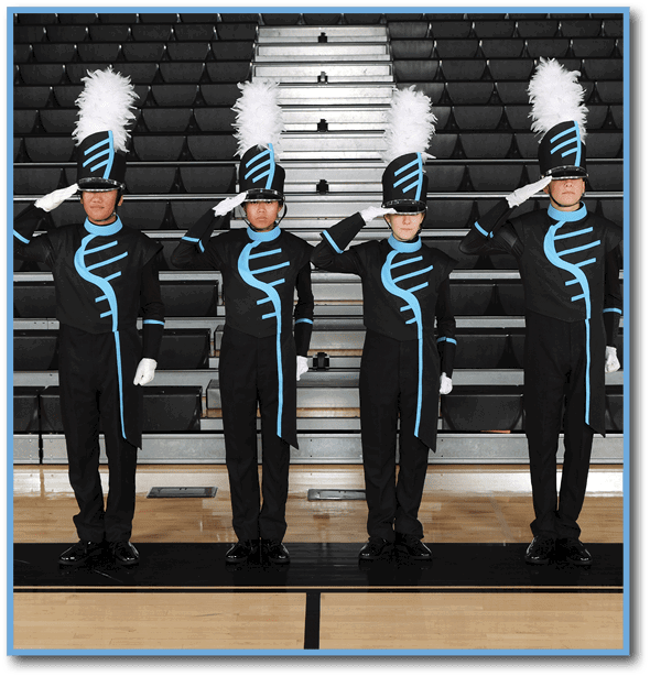 Four young men in uniforms are standing in a row on a basketball court, saluting the audience. AI generated content