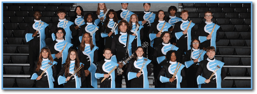 A group of people wearing black and blue uniforms stand on a stage. AI generated content