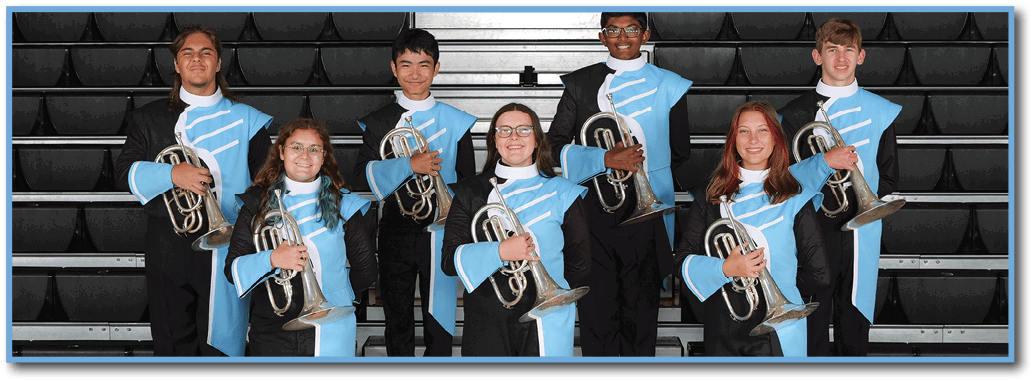 A group of people, including a brass band, pose for a picture on a stage. AI generated content