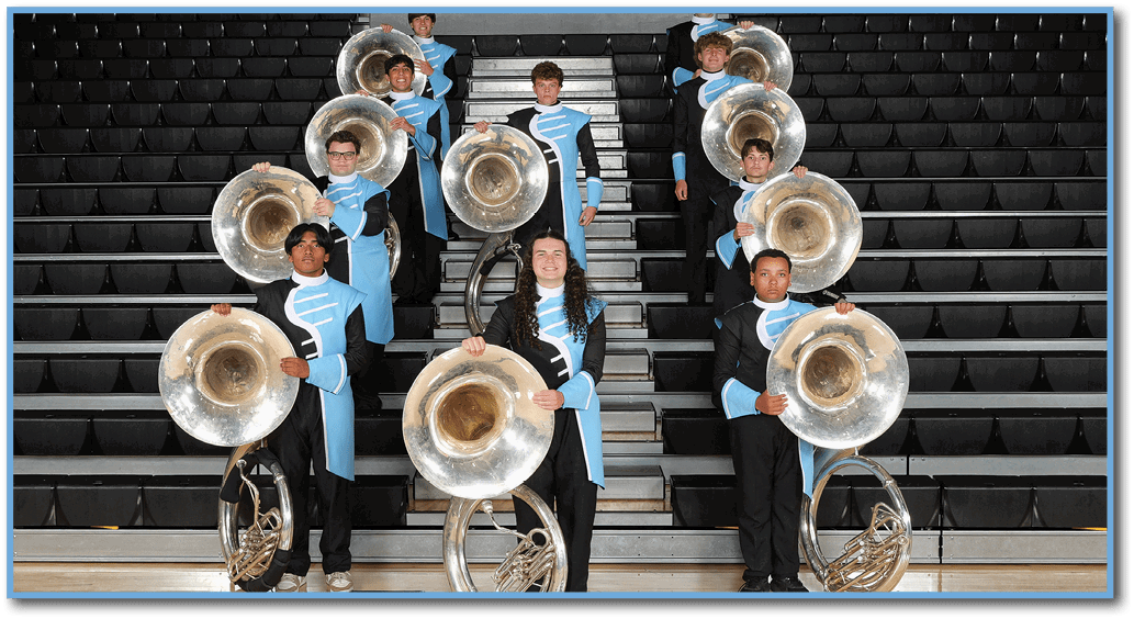 A group of band members are standing on a basketball court, holding their instruments. AI generated content