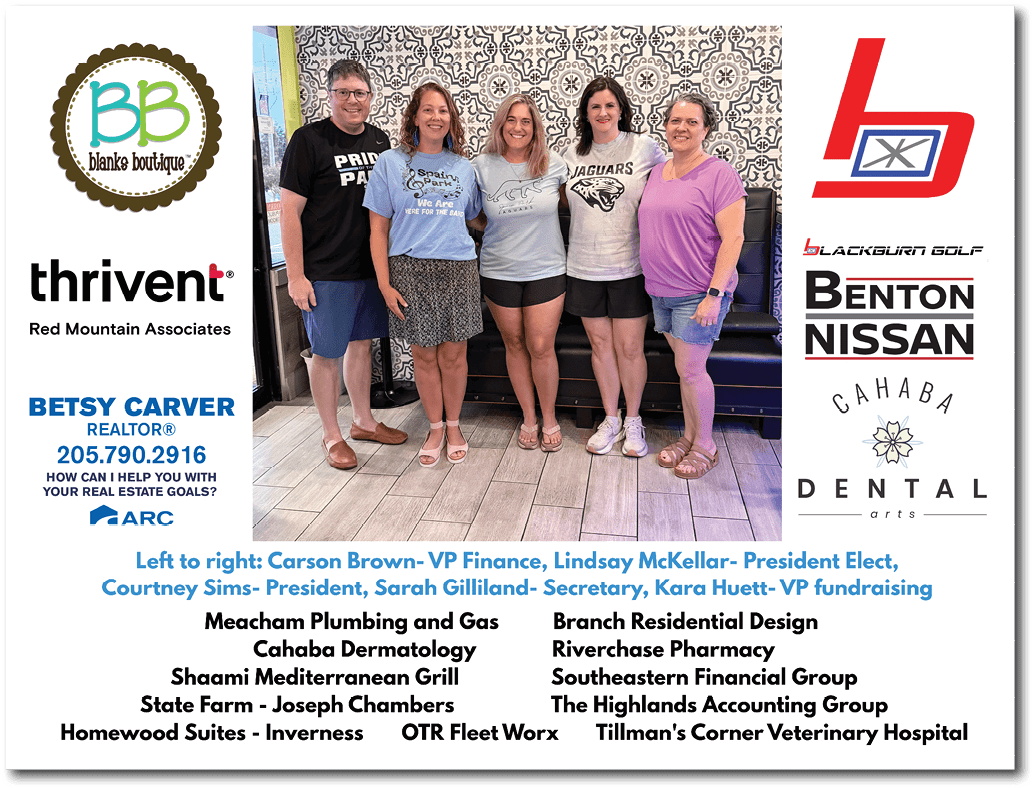 Five people pose for a photo in front of a wall with a logo for Thrivent. AI generated content