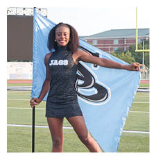 A woman in a black and blue dress holds a blue flag on a football field. AI generated content