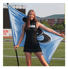 A woman in a black dress holds a blue flag on a football field. AI generated content