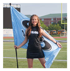 A woman in a black and blue shirt holds a blue flag on a football field. AI generated content
