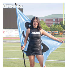 A woman in a black and blue dress holds a blue flag on a grassy field. AI generated content