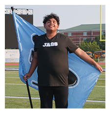 A man in a black shirt and blue pants stands on a football field holding a blue flag. AI generated content