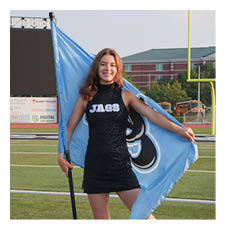 A woman in a black and blue dress holds a blue flag on a football field. AI generated content