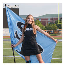 A woman in a black dress holds a blue flag and a black pole. AI generated content