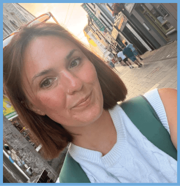 A woman wearing a green backpack and white shirt is standing on a street. AI generated content