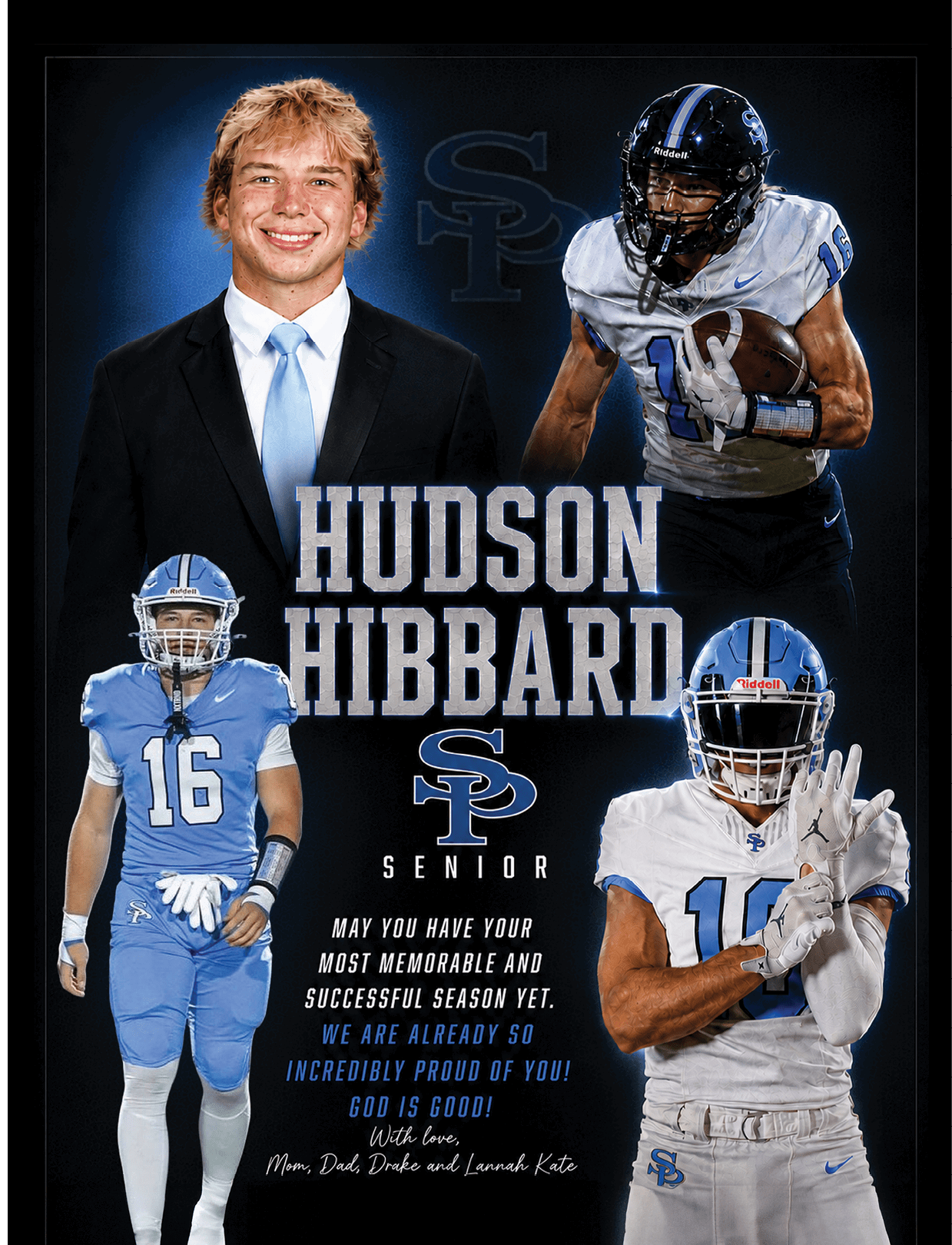 A football player named Hudson Hibbard is shown in two different poses. AI generated content