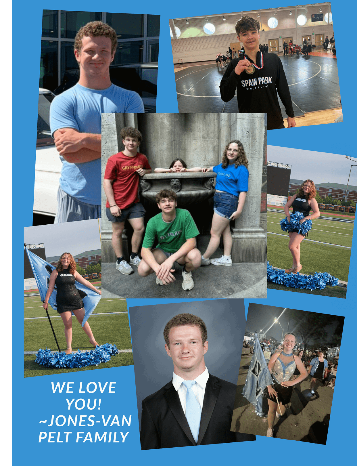 A collage of photos featuring a group of people, including a man in a suit and tie, a woman in a cheerleading uniform, and a boy in a green shirt. AI generated content