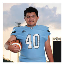 A football player in a blue and white uniform holding a football. AI generated content