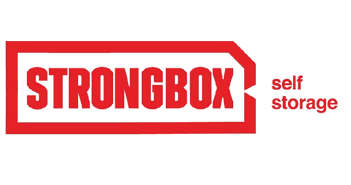 A red and white sign that says “Strongbox Self Storage". AI generated content
