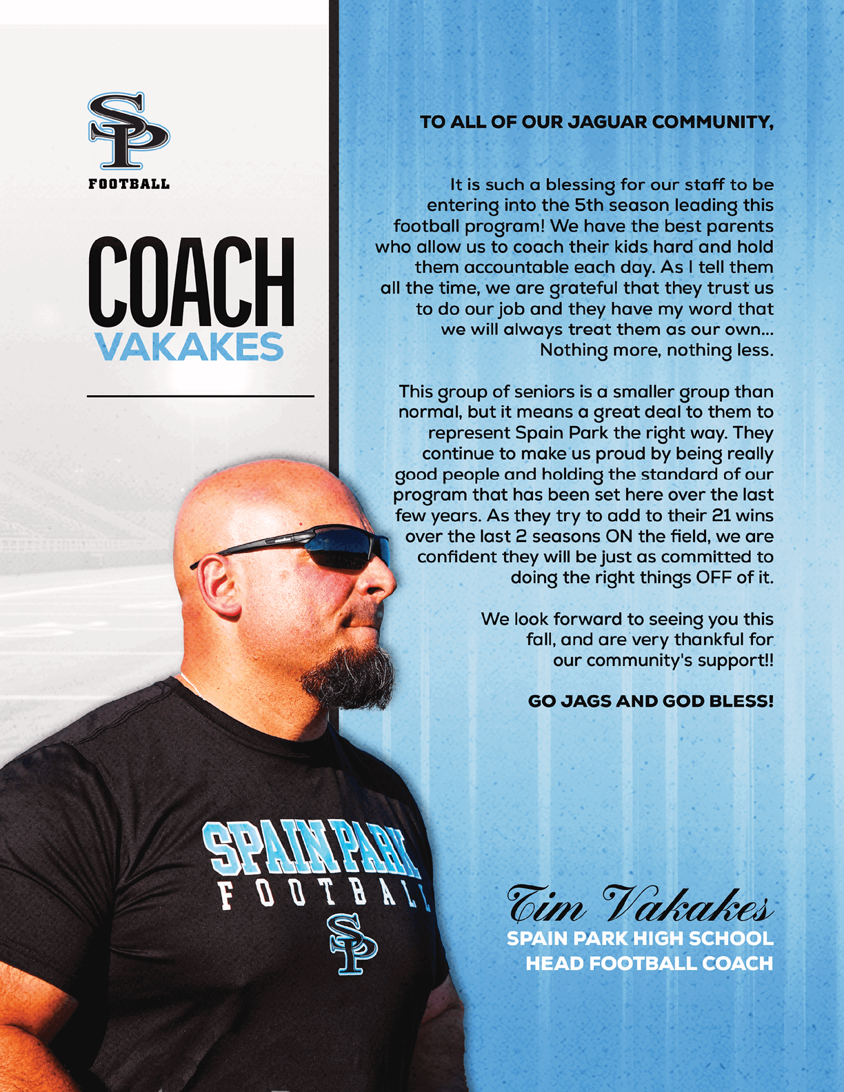 A football coach is shown on a flyer with a slogan that says “Go Jags and God Bless!" AI generated content
