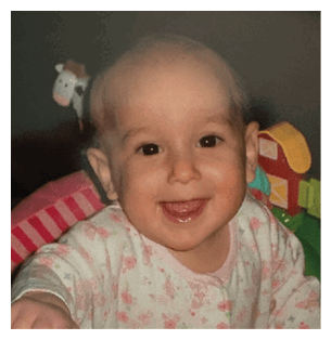 A baby is sitting in a high chair, smiling and showing teeth. AI generated content