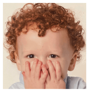 A young child with red hair and a blue shirt covering their face. AI generated content