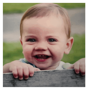A young child with blonde hair is smiling and peeking over a wooden fence. AI generated content