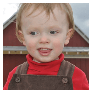 A young child wearing a red shirt and brown overalls is standing in front of a red barn. AI generated content