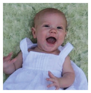 A baby wearing a white dress is laying on a blanket and smiling. AI generated content