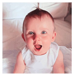 A baby wearing a white dress is sitting on a bed and making a funny face. AI generated content