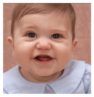 A baby is smiling and has a blue and white striped shirt on. AI generated content
