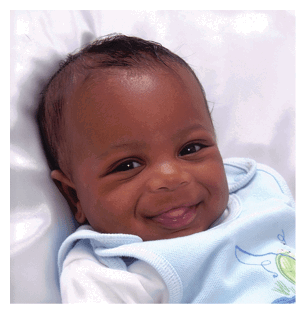 A baby is laying on a white sheet, smiling and looking at the camera. AI generated content