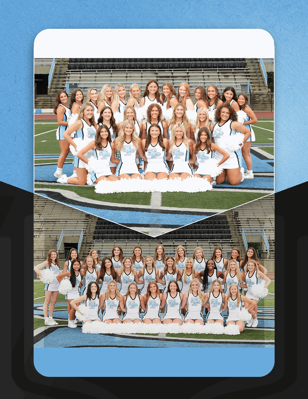 A group of cheerleaders in blue and white uniforms pose for a photo. AI generated content