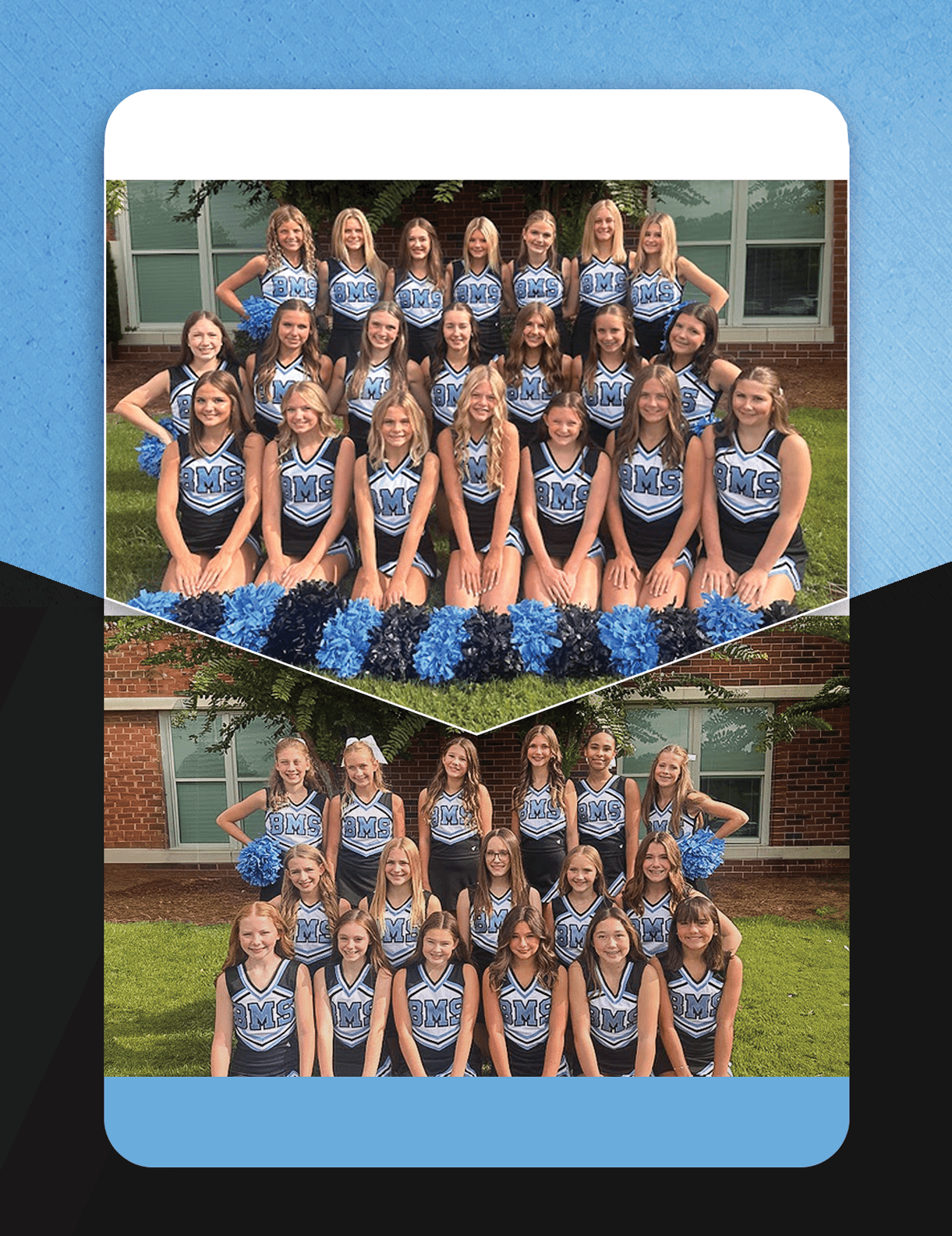 A group of cheerleaders in blue and white uniforms pose for a picture. AI generated content