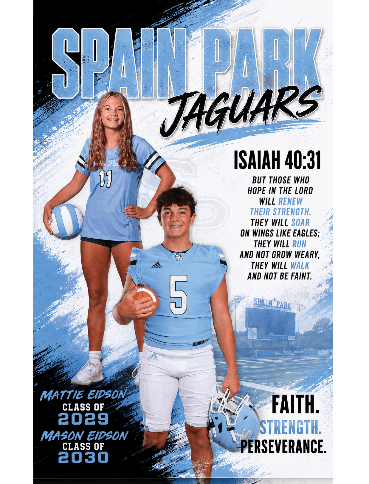 A football player and cheerleader pose for a poster advertising the Jaguars. AI generated content