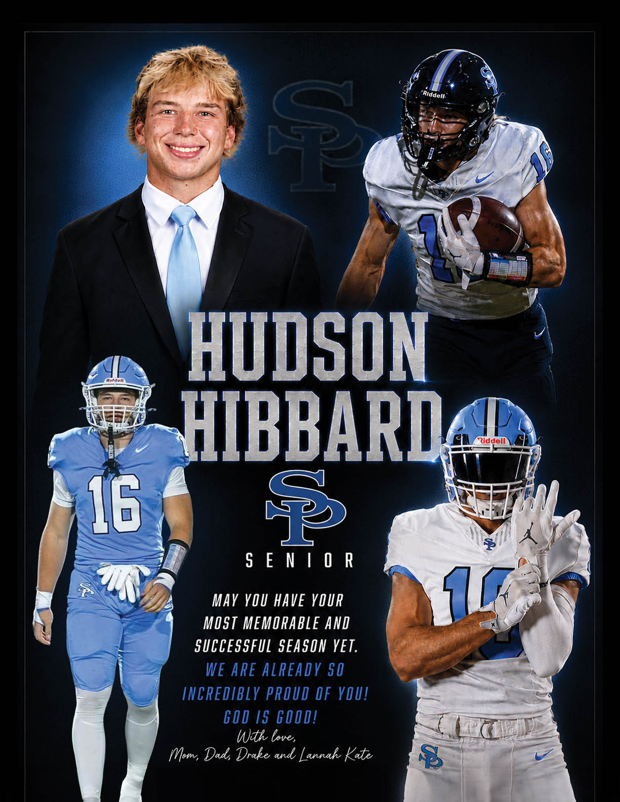 A football player named Hudson Hibbard is shown in two different poses. AI generated content