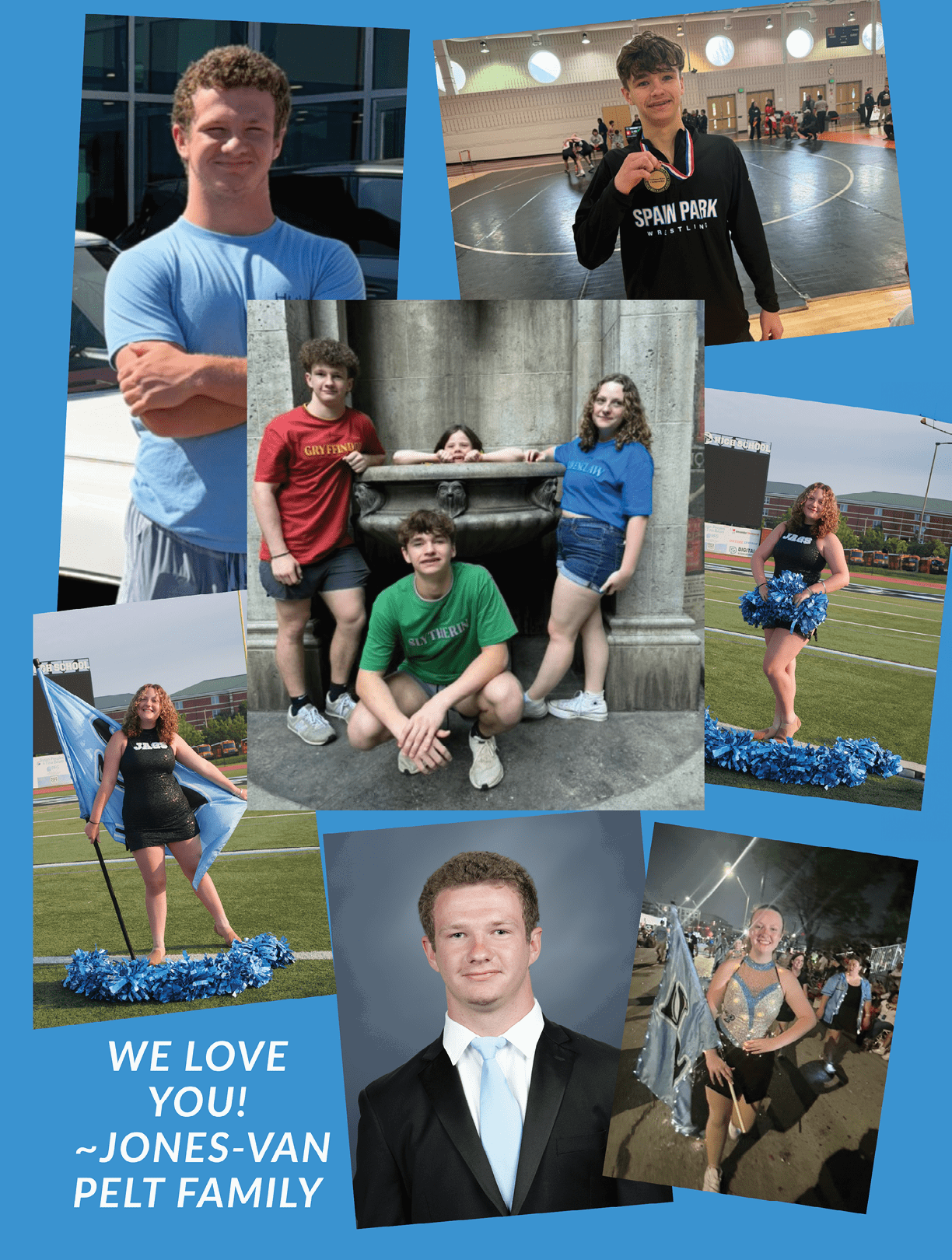 A collage of photos featuring a group of people, including a man in a suit and tie, a woman in a cheerleading uniform, and a boy in a green shirt. AI generated content