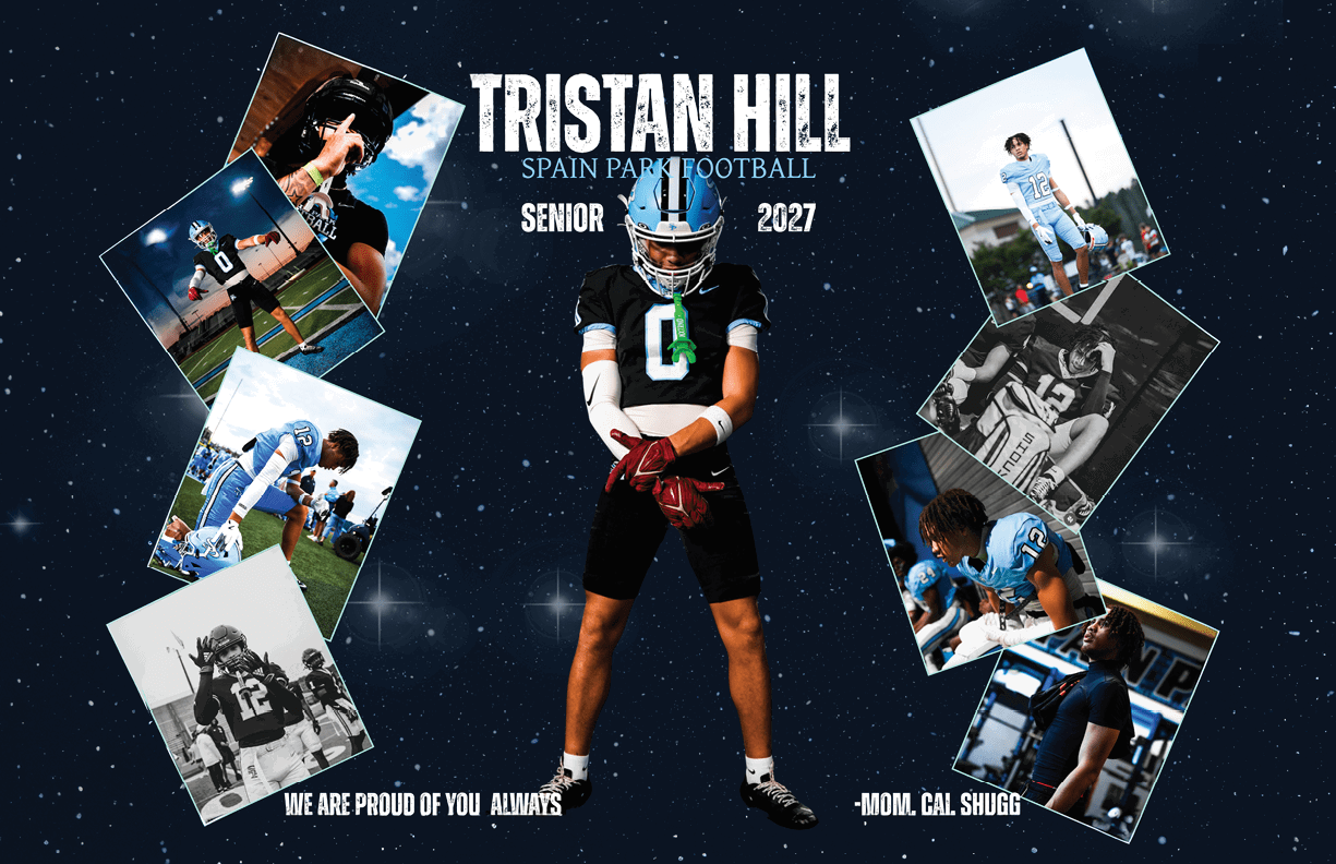A football player is shown in a collage of photos, wearing a football uniform and holding a football. The player is standing in front of a backdrop with the words “Tristan Hill Senior 2017" written on it. AI generated content
