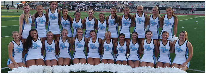 A group of cheerleaders in blue and white uniforms pose for a photo on a football field. AI generated content
