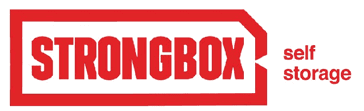 A red and white sign that says “Strongbox Self Storage". AI generated content