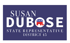 A blue and white political advertisement featuring a woman's name and a picture of the American flag. AI generated content