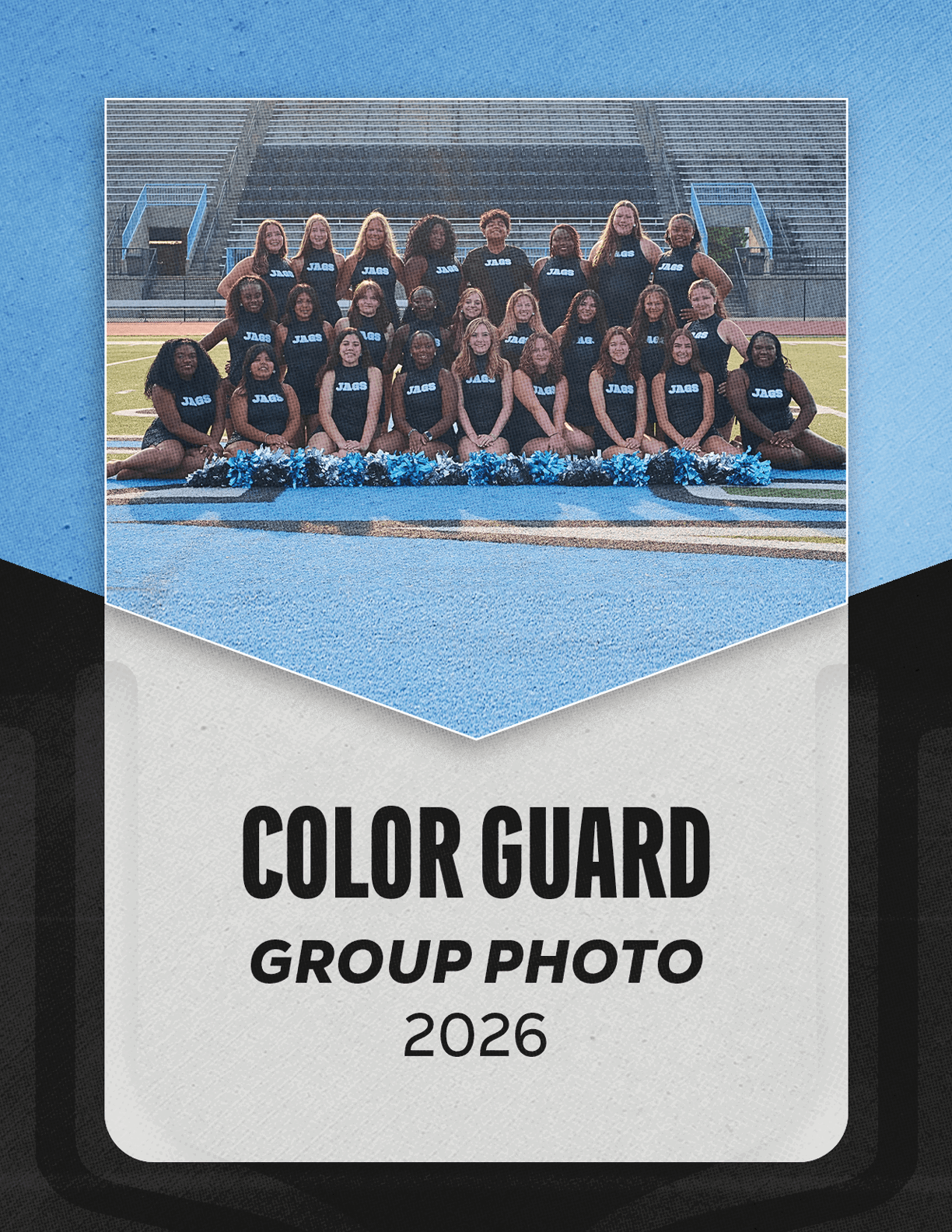 A group of cheerleaders pose for a photo in front of a blue background. AI generated content