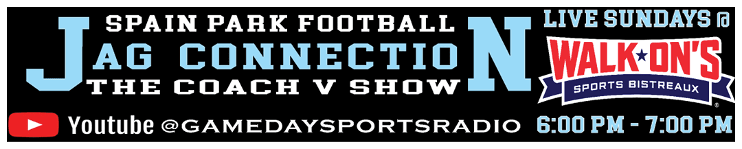 A blue and white advertisement for a football show. AI generated content