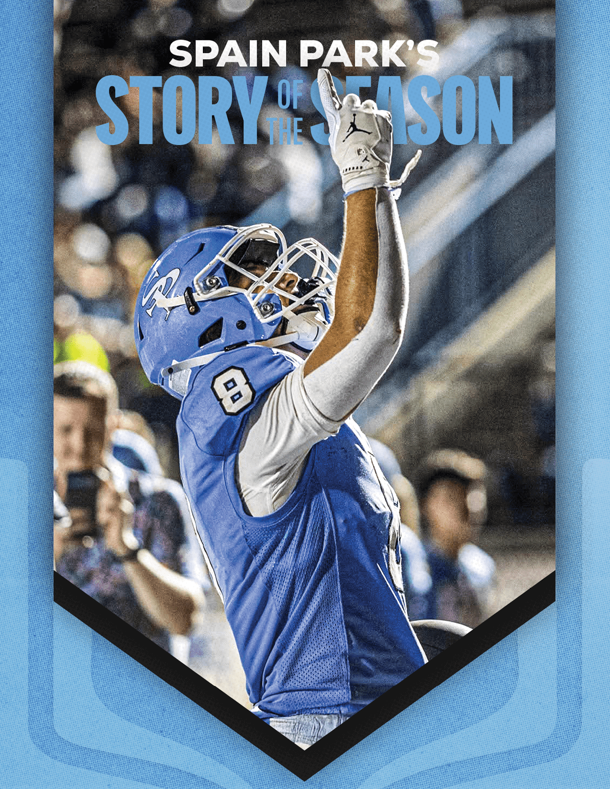 A football player wearing a blue jersey with the number 8 on it is celebrating a touchdown. AI generated content