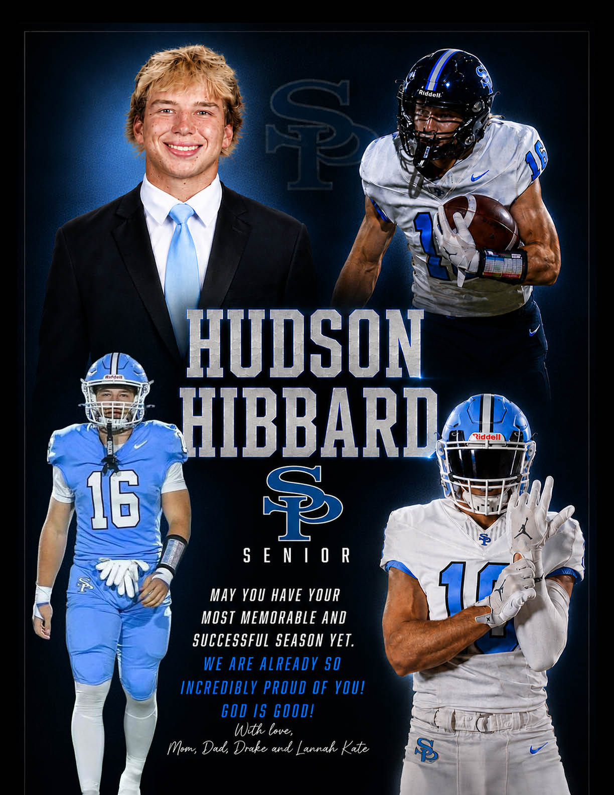 A football player named Hudson Hibbard is shown in two different poses. AI generated content