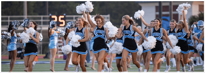 A group of cheerleaders in blue and white uniforms are performing on a field. AI generated content