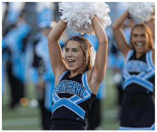 A cheerleader wearing a black and blue uniform holds a white pom pom. AI generated content