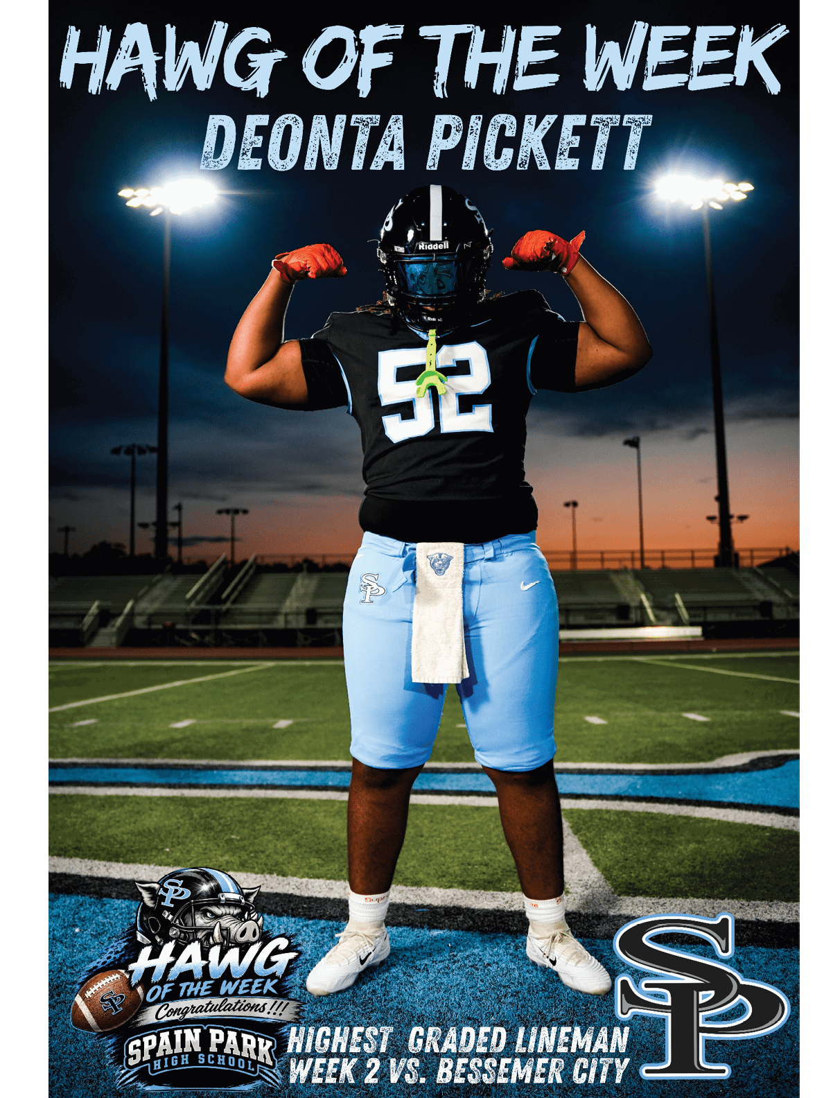 A football player wearing a black jersey with the number 52 stands on a field. AI generated content