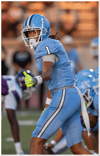 A football player in a blue jersey is giving a thumbs up to his teammates. AI generated content