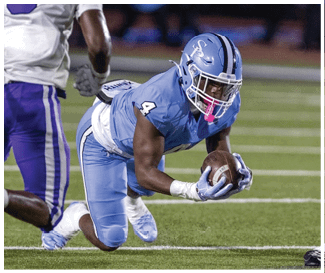 Two football players are running on a field, one trying to catch the ball and the other trying to stop him. AI generated content