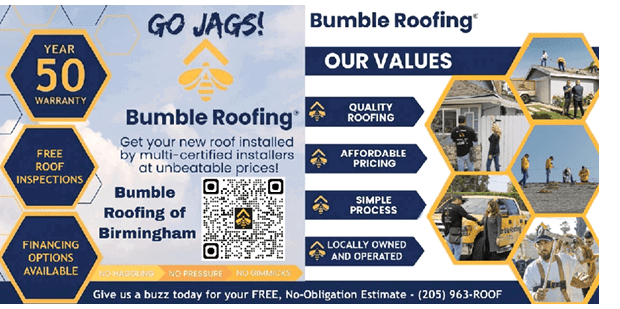 A flyer advertising bumble roofing, a company that specializes in roofing and roof inspections. The flyer is yellow and blue and features a picture of a roof. AI generated content