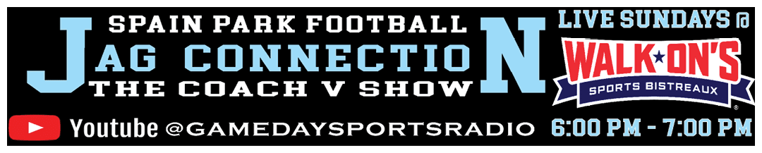A blue and white advertisement for a football show. AI generated content