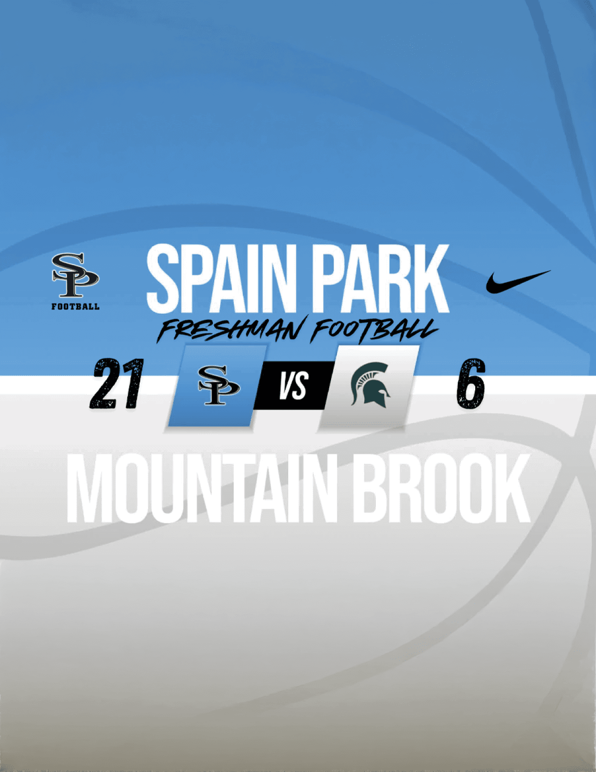 A blue and white poster advertising a football game between Mountain Brook and Spain Park. AI generated content