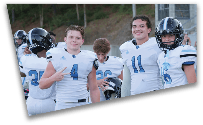Three football players in white uniforms pose for a picture. AI generated content
