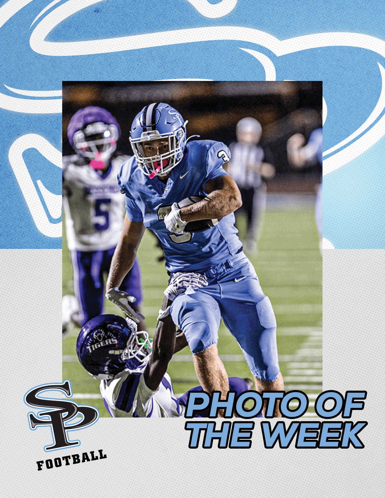 A football player in a blue uniform is running with the ball. AI generated content