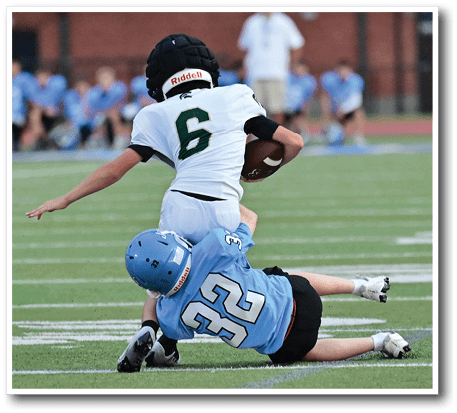 Two football players are on the field, one of them is wearing a blue jersey with the number 22. AI generated content